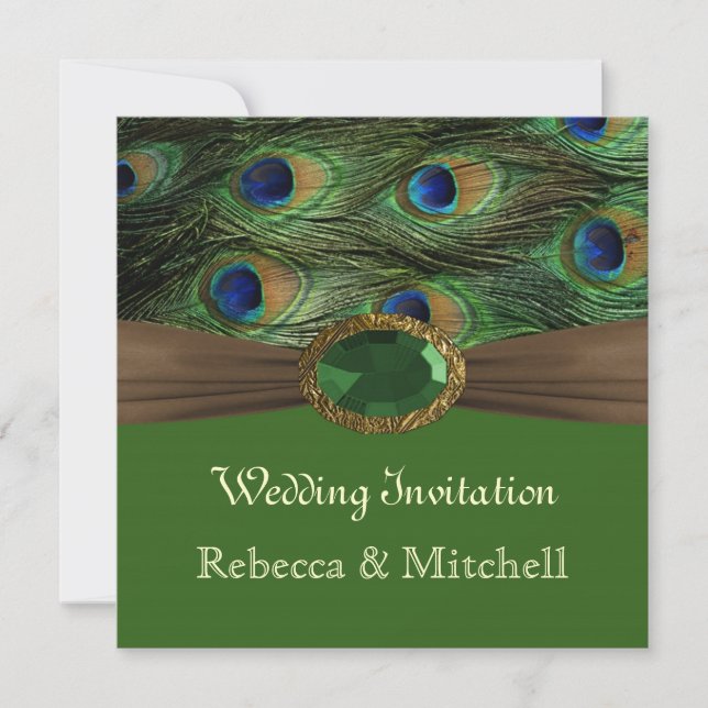 Invitation Plumes de paon avec Mariage émeraude (Devant)