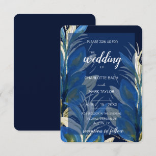 Invitation Plumes de paon bleu feuilles aquarelle 