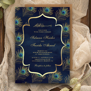 Invitation Plumes de paon bleu marine Mariage musulman
