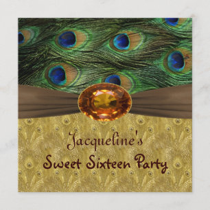 Invitation Plumes de paon bleu vert et or Sweet 16