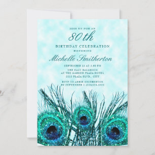 Invitation Plumes de paon bleues sarcelle scintillantes 80e a