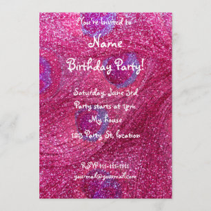 Invitation plumes de paon de parties scintillant rose-chaud n