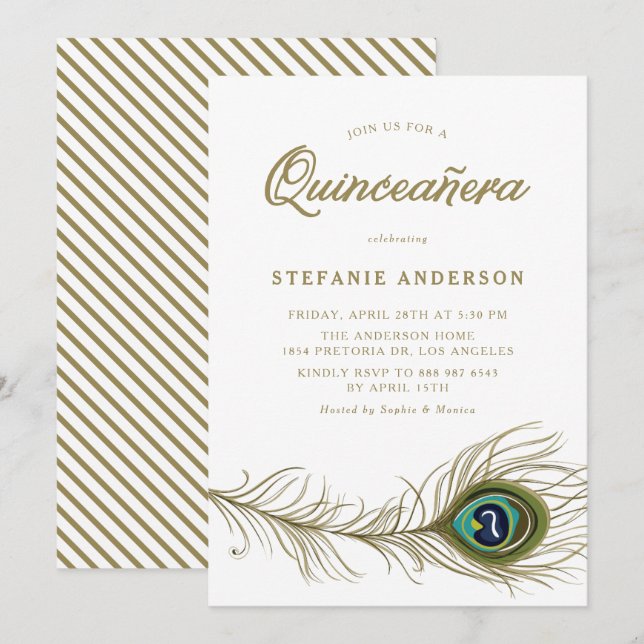 Invitation Plumes de paon de Whimsical Quinceañera (Devant / Derrière)
