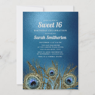 Invitation Plumes de paon dorées bleues scintillantes Sweet 1
