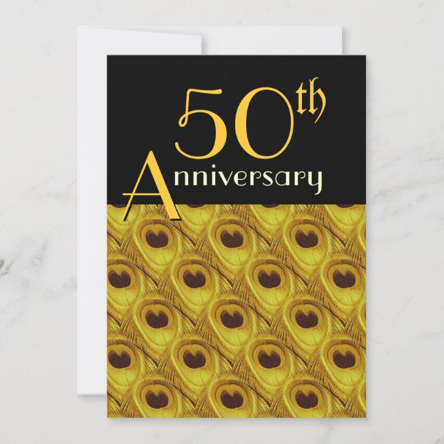 Invitation Plumes de paon dorées pour le 50e anniversaire (Devant)