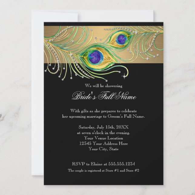 Invitation Plumes de paon moderne Faux Jewel Scroll Swirl (Devant)