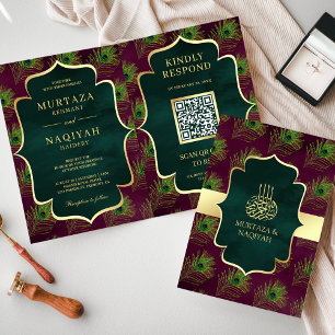 Invitation Plumes de paon vert prune Code QR Mariage musulman