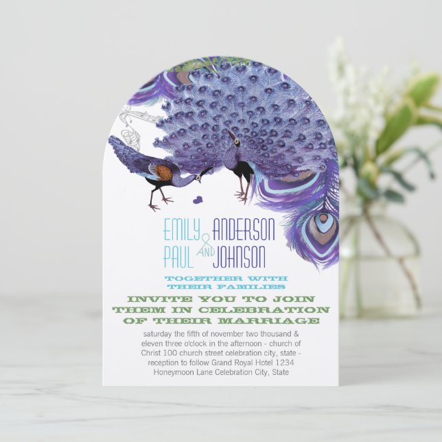 Invitation Plumes de Peacock bleu cuivre vert violet (Debout devant)