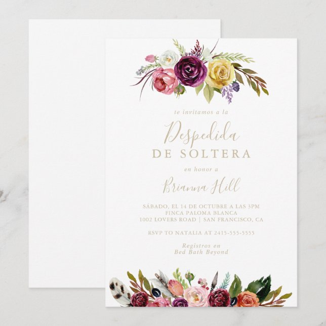 Invitation Plumes d'or Boho Floral Fête des mariées espagnole (Devant / Derrière)