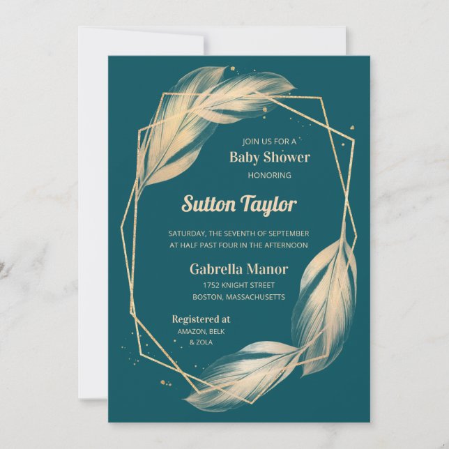Invitation Plumes d'or sur Baby shower Turquoise (Devant)
