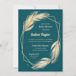 Invitation Plumes d'or sur Baby shower Turquoise
