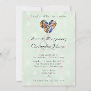 Invitation Plumes En Forme De Coeur Mariage Vert Menthe