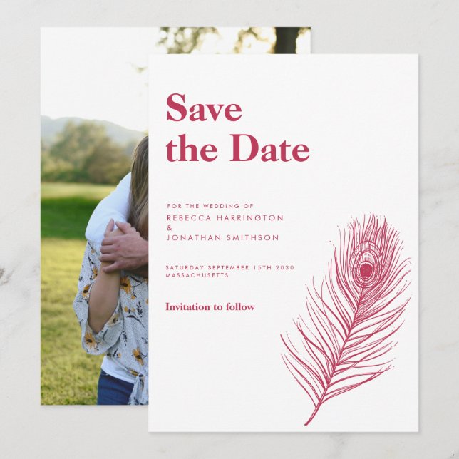 Invitation Plumes minimum Magenta Mariage Enregistrer la date (Devant / Derrière)