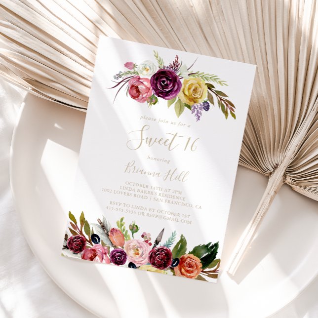 Invitation Plumes or Boho Floral Sweet 16 Anniversaire (Créateur téléchargé)