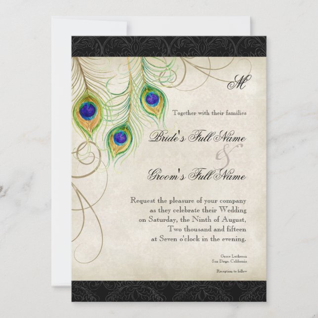 Invitation Plumes Peacock Black Mariage damassé papeterie (Devant)