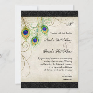 Invitation Plumes Peacock Black Mariage damassé papeterie