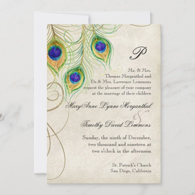 Invitation Plumes Peacock Black Mariage damassé papeterie (Devant)