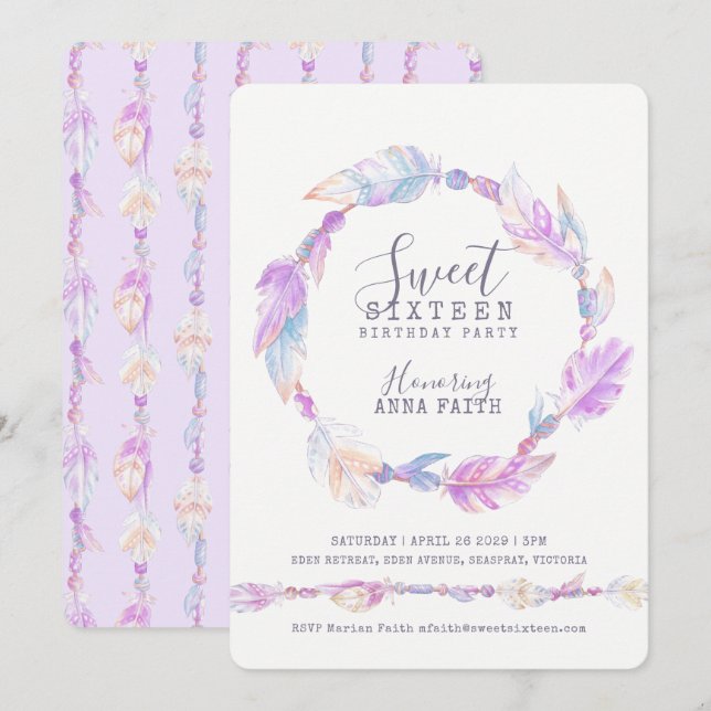 Invitation Plumes sweet sixteen d'aquarelle violet (Devant / Derrière)