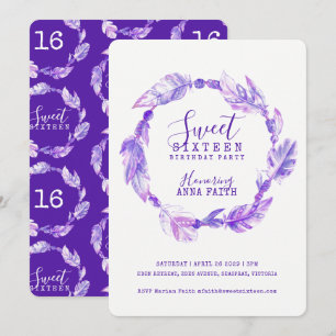 Invitation Plumes sweet sixteen d'aquarelle violet