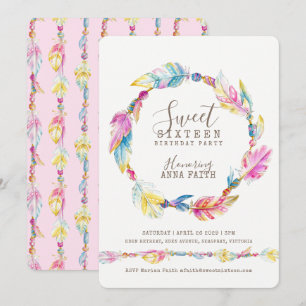 Invitation Plumes sweets sixteens d'aquarelle rose
