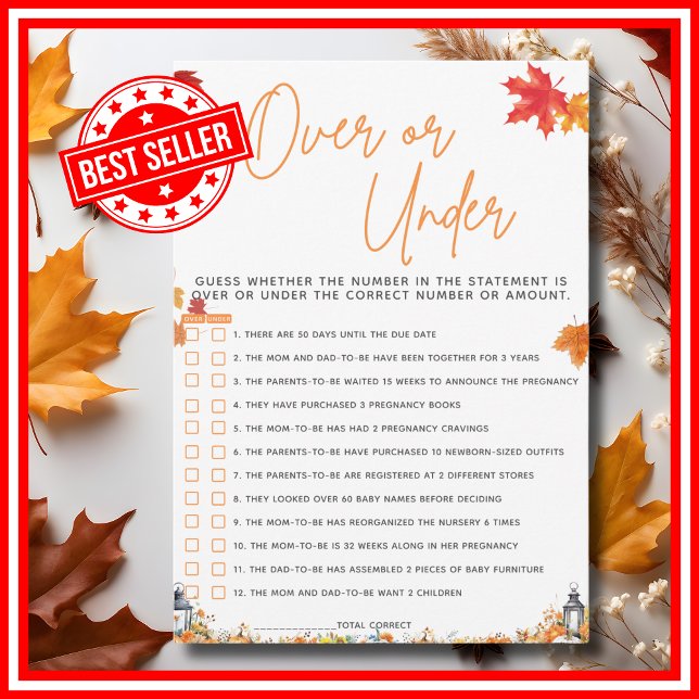 Invitation PLUS OU MOINS Baby shower Jeu Un Petit Citrouille (OVER OR UNDER Baby Shower Game with Answers A Little Pumpkin is on the Way Theme )