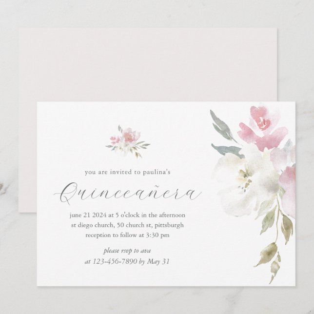 Invitation Plutôt rose Floral 15 Ans Quinceañera (Devant / Derrière)