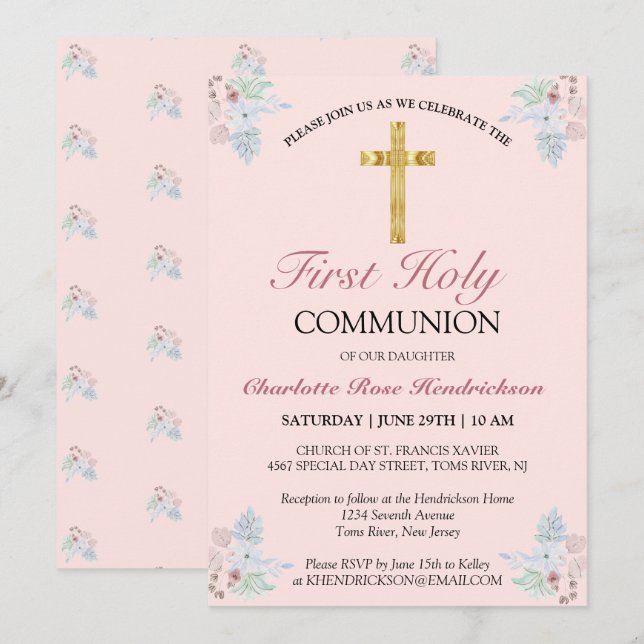Invitation Plutôt rose Floral Première Communion Sainte (Devant / Derrière)