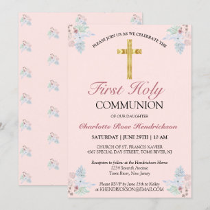 Invitation Plutôt rose Floral Première Communion Sainte