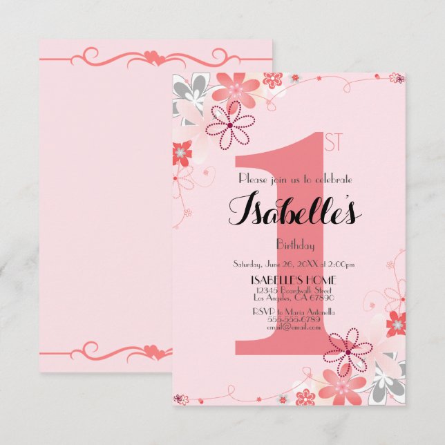 Invitation Plutôt rose pâle Floral 1er anniversaire (Devant / Derrière)
