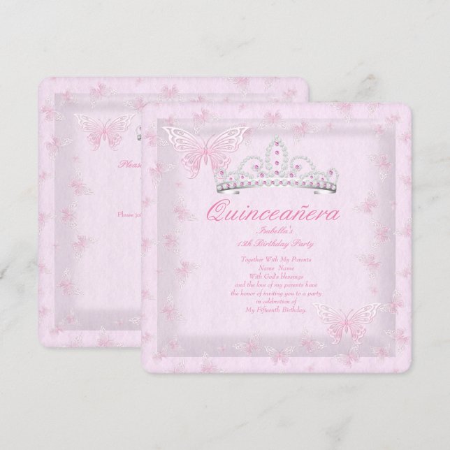 Invitation Plutôt rose Quinceanera Party Tiara Butterflies 2 (Devant / Derrière)