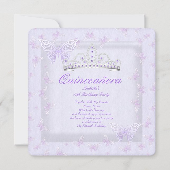 Invitation Plutôt Violet Quinceanera Party Tiara Butterflies (Devant)