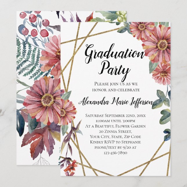 Invitation Poche Coral Zinnia Flower Girls Graduation Party (Devant / Derrière)