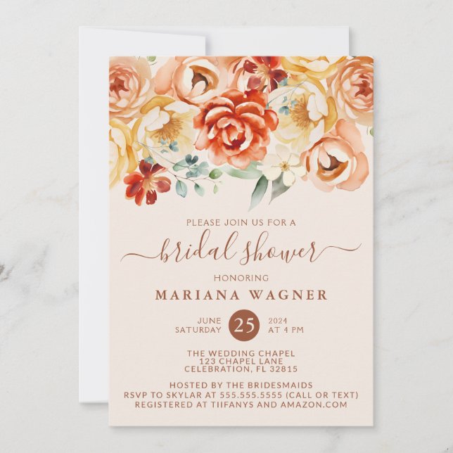 Invitation Poche de rouille Fête des mariées florale beige (Devant)