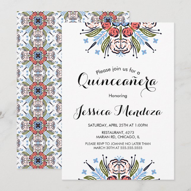 Invitation Poche tirée à la main Floral Quinceañera Sweet 16 (Devant / Derrière)