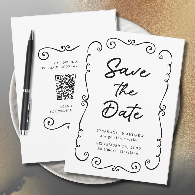 Invitation Poignée main Doodle Bordure Mariage Enregistrer la (Hand Drawn Doodle Border QR Code Wedding Save the Date Invitation)