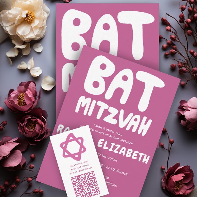Invitation Poignée super Bat mitzvah personnalisé rose (Groovy Handlettering Custom Bat Mitzvah Pink Invitation
Collection)
