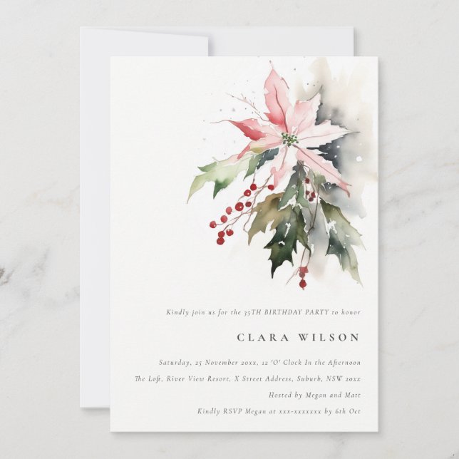 Invitation Poinsettia Berry Foliage Aquarelle Anniversaire (Devant)