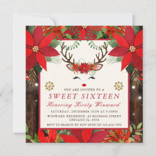 Invitation Poinsettia de Noël élégant Renne Sweet 16