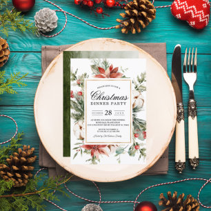 Invitation Poinsettia d'hiver à l'aquarelle & Sapin vert I