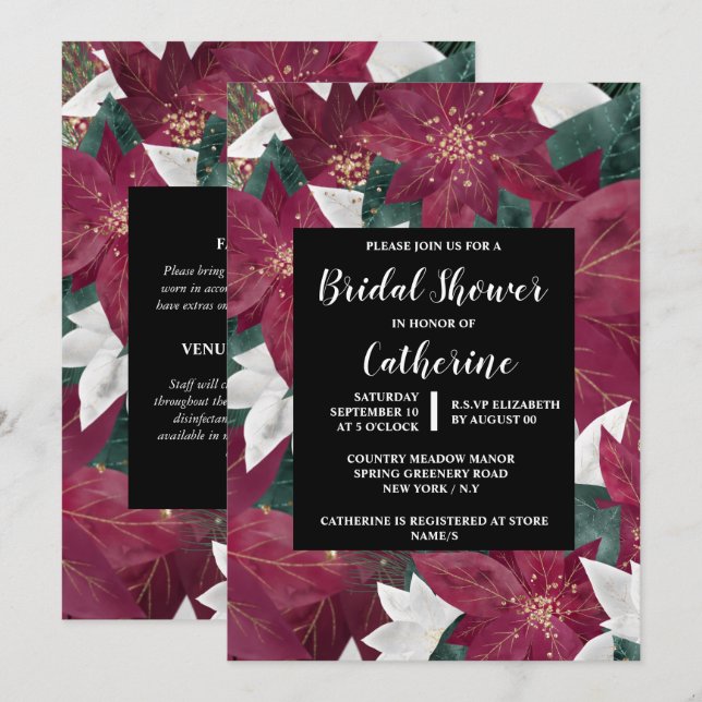 Invitation Poinsettia faux feuille or rouge blanc floral chic (Devant / Derrière)