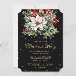 Invitation Poinsettia Fête de Noël Houx Baies Rouges Noir