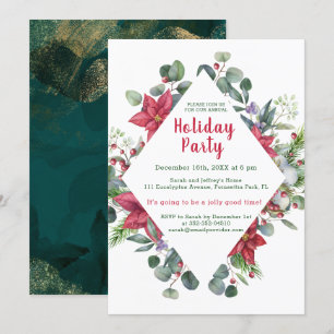 Invitation Poinsettia, feuilles eucalyptus, Noël aux baies ro