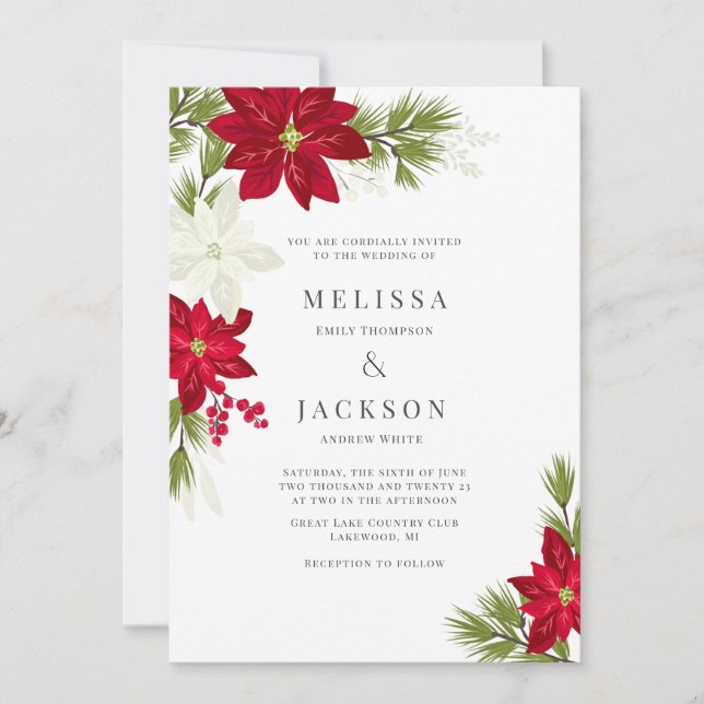 Invitation Poinsettia Fleur et Mariage de pin (Devant)