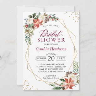 Invitation Poinsettia Floral Gold Fête des mariées de Noël