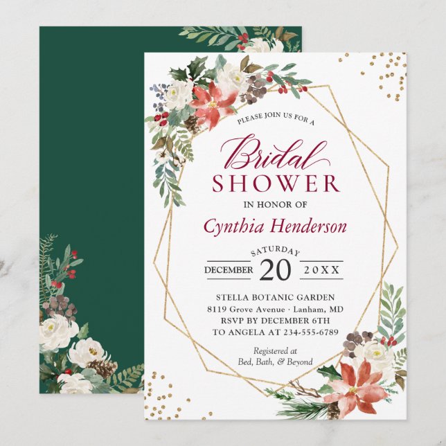 Invitation Poinsettia Floral Gold Fête des mariées de Noël (Devant / Derrière)