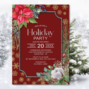 Invitation Poinsettia Flower Gold Snowflakes Fête
