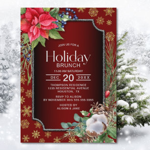Invitation Poinsettia Gold Snowflakes Red Holiday Brunch