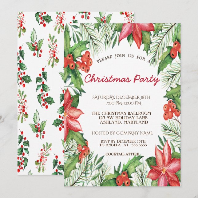 Invitation Poinsettia, Holly Berries Fête de Noël d'entrepris (Devant / Derrière)