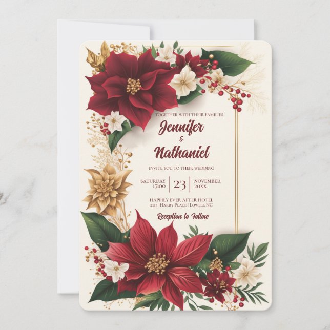 Invitation Poinsettia Noël Bourgogne Or Floral Mariage (Devant)