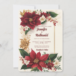 Invitation Poinsettia Noël Bourgogne Or Floral Mariage